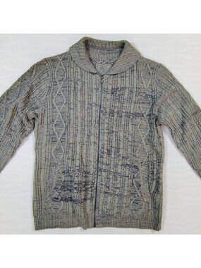 Full Zip Cardigan Cable-Knit Sweater Mens Size XL Grey Blue Shawl Collar PC0224